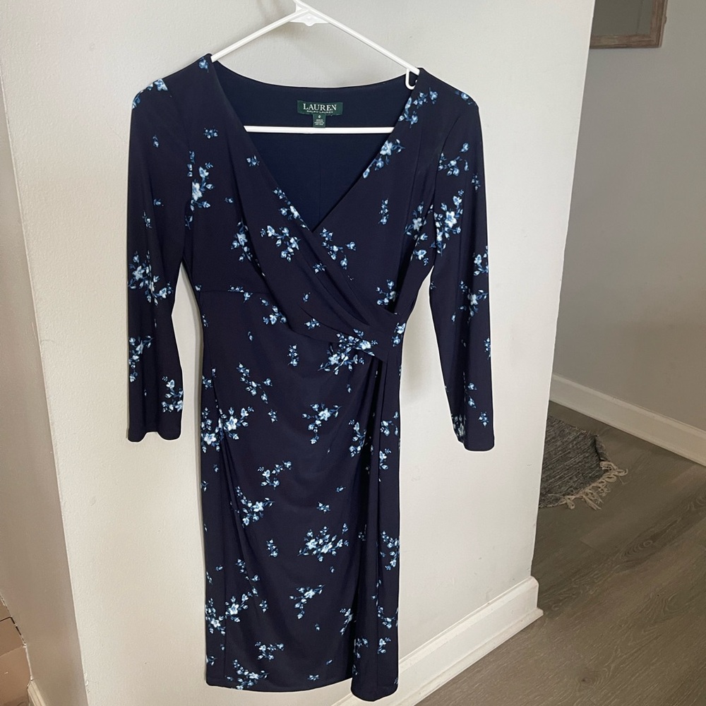 RALPH LAUREN Womens Navy Floral 3/4 Sleeve Knee Length Dress